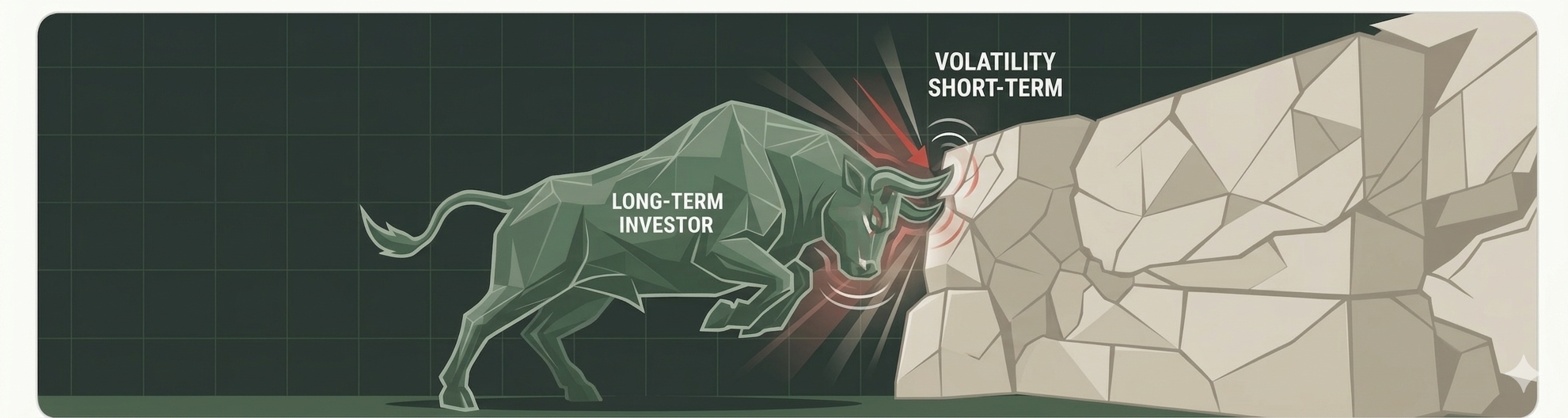 A bull charging into a wall labeled 'short-term volatility'